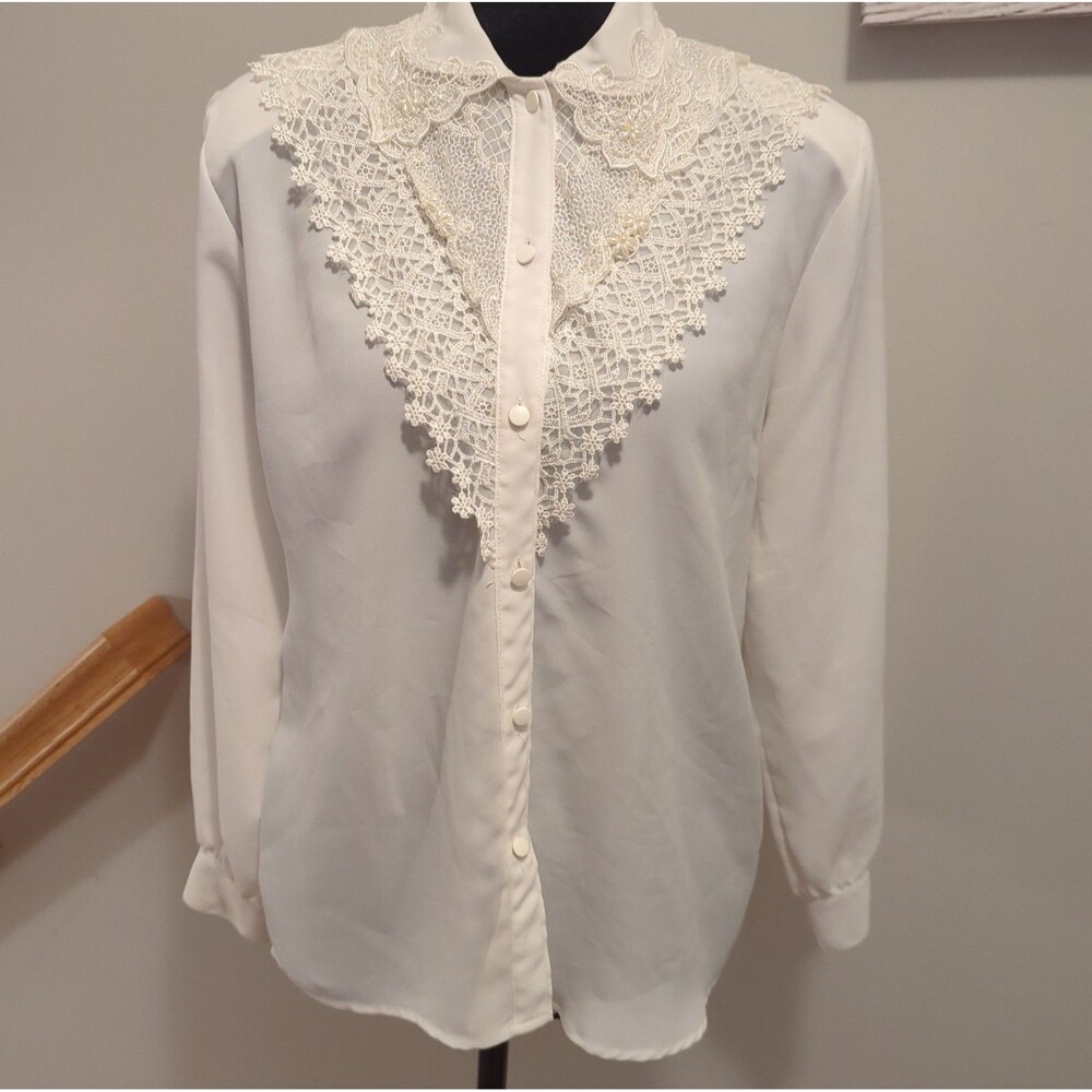 Vintage 80s Kathy Che Lace Pearl Beaded Secretary Blouse White Long Sleeve 8P